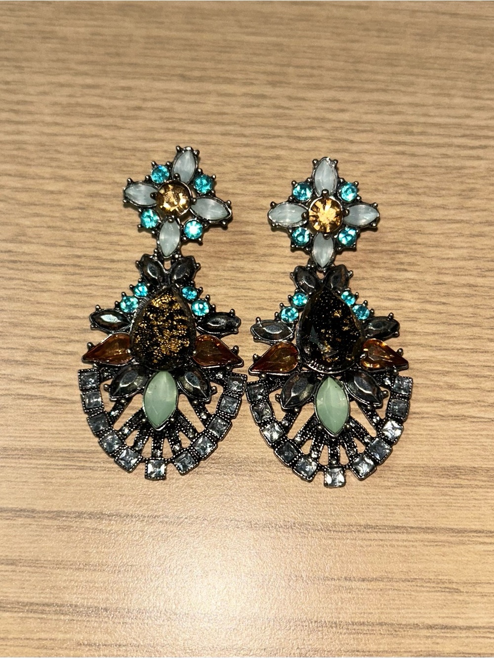 Fashion Jewelry Multi-Color Floral Drop Earrings in Teal & Gold